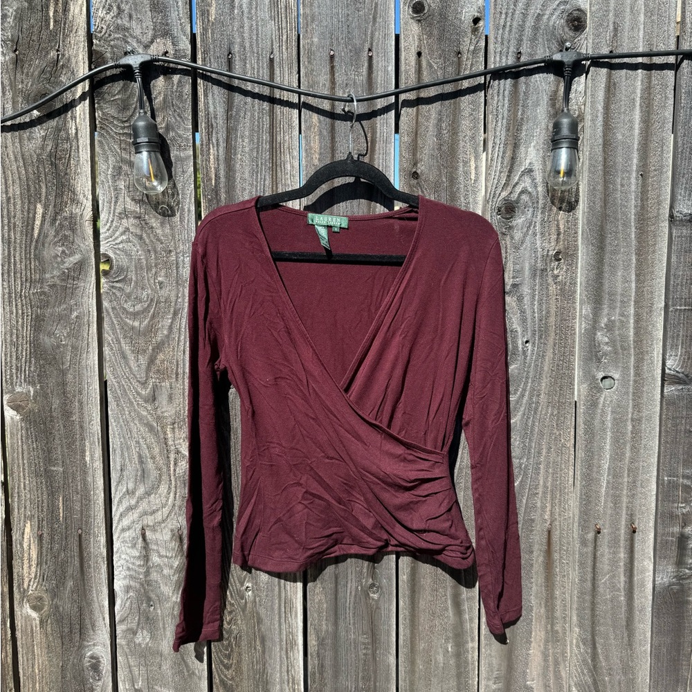 Lauren Ralph Lauren Burgundy Red V Neck Slim Fit Faux Wrap Long Sleeve Blouse sm
